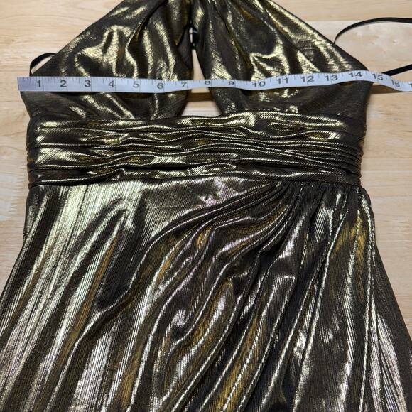 Mac Duggal NWT Gold Metallic Criss Cross Halter Neck Midi Dress Size 2 High Slit - Picture 7 of 10